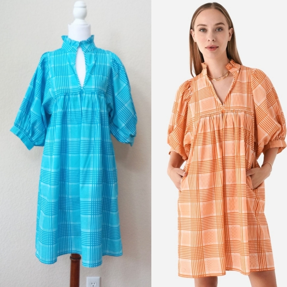 🤍 Never a Wallflower blue plaid puffer sleeve high neckline dress